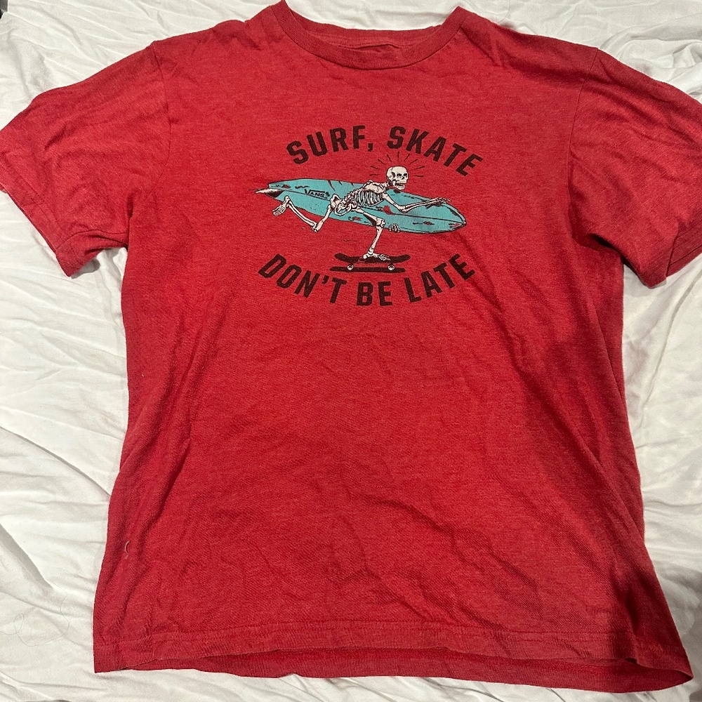 Vans 'Surf, Skate, Don't Be Late' Skelton Logo Red T-shirt Boys Large